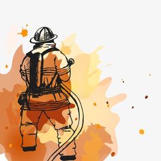 a fireman with a hose in his hand on an orange watercolor spot background