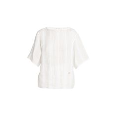 Loro Piana "Mara" top with contrasting new summertime line motif Bateau neckline Elbow-length sleeves Relaxed fit Pullover style Flax Dry clean Made in Italy Summer Daywear Blouse With Crew Neck, Summer Crew Neck Blouse For Daywear, Elegant White Linen Top, Elegant V-neck Beach Top, Elegant Short Sleeve Beach Blouse, Elegant Short Sleeve Beach Top, Summer Linen Knit Top, Elegant Linen Blouse For Vacation, Elegant Crew Neck Summer Top