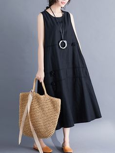 Casual Sleeveless A-line Long dress BLACK-2XL A Line Long Dress, Clothes Making, A Line Maxi Dress, Outfit Primavera, Loose Maxi Dress, Lantern Sleeve Dress, Sleeveless Short Dress, Long Dress Casual, Long Shirt Dress