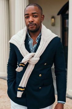 man wearing a striped button down, navy blazer, and sweater over his shoulders Fashion Pieces, Trench Coats, Country Club, Button Downs, Trench Coat, Latest Trends, Turtle Neck