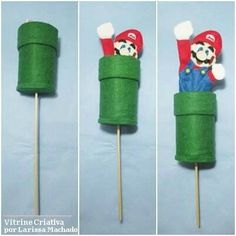 three pictures of the same cupcake on top of a toothpick with mario and luigi in it