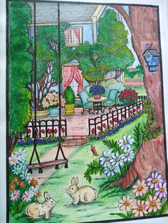 this is a drawing of a garden with rabbits and flowers on the ground in front of a house