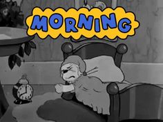 a cartoon character is sitting in a chair with an alarm clock