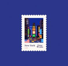 a postage stamp with the new york city skyline on it's blue back ground