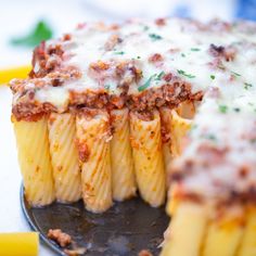 a close up of a plate of pasta with sauce and cheese