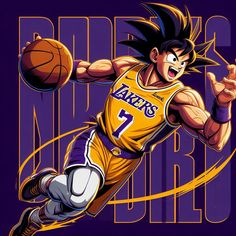 an image of a man that is running with a basketball in his hand and the words lakers on it