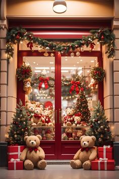 two teddy bears sitting in front of a store window decorated with christmas trees and presents