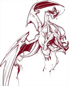 a black and white drawing of a dragon on a white background, with red ink