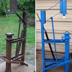 two pictures side by side one has a blue metal structure and the other is a brown metal structure