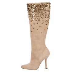 New Oscar De La Renta *Love Ric* Embellished Suede Boots Italian size 36 - US 6 Beige Suede, Sequins and Beads Embellishment at Shaft, Side Zip, Leather Lining. Heel Height - 4 inches, 14.5" shaft, 14.25" circumference. Made in Italy. New without box. Designer Embellished Evening Boots, Designer Embellished Fitted Boots, Elegant Gold Embellished Boots, Formal Gold Embellished Boots, Designer Embellished Party Boots, Beads Embellishment, Beige Suede Boots, Uzun Boy, Shoe Store Design