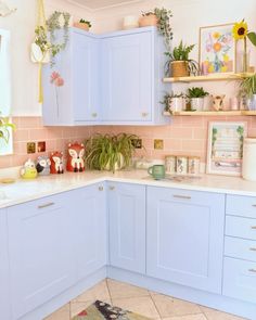 a kitchen with blue cabinets and plants on the counter top, in front of a pink tiled wall