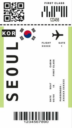 an airplane ticket with the word seoul on it's front and back side,