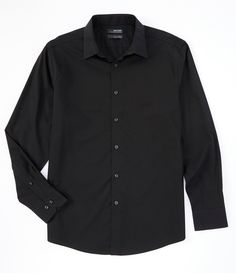 From Murano&#x2C; this woven shirt features:solid tonepoint collarlong sleevesbutton frontcurved hemclassic fitcotton/spandexmachine washImported. Men's Dress Shirts Long, Mens Black Button Up Shirt, Men Shirt Black, Mens Black Button Up, Men’s Black Shirt, Black Button Down, Button Up Shirt Png, Black Dress Shirt Outfit Men, Fancy Clothes Men