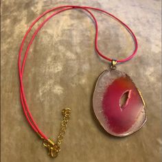 Sliced Hot Pink Crystal Agate Pendant With Electroplated Gold Edges Matching Hot Pink Cord Necklace With Gold Accents Total Length While Wearing Is 15” With An Additional 2” Extension The Pendant Itself Is 2.5” In Length Shipping Usa From Phoenix, Az Through Fbmp $3.75 Preferred Pick Up 85029 Cactus And 33rd Avenue Pink Crystal Necklaces With Adjustable Chain For Gift, Pink Crystal Necklaces With Adjustable Chain As A Gift, Pink Crystal Necklace With Adjustable Chain As Gift, Pink Natural Stones Jewelry For Beach, Bohemian Pink Pendant Crystal Necklace, Bohemian Pink Crystal Pendant Necklace, Handmade Pink Crystal Necklaces, Handmade Pink Round Crystal Necklaces, Handmade Pink Crystal Round Necklaces