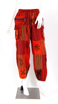 Cotton Handmade Patchwork Trousers – Himalaya Handmade Embroidered Bohemian Ankle-length Pants, Red Cotton Hippie Pants, Bohemian Embroidered Ankle-length Pants, Hippie Red Cotton Pants, Bohemian Ankle-length Embroidered Pants, Bohemian Red Pants, Hippie Bottoms With Pockets For Festivals, Bohemian Red Trousers, Red Bohemian Trousers