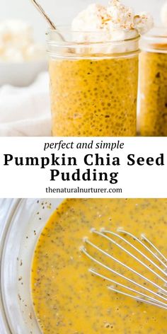 pumpkin chia seed pudding in mason jars with a whisk