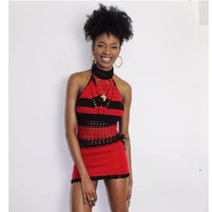 Handmade crochet/knit red and black high neck mini dress. 100% soft acrylic. Fitted Crochet Dress For Night Out, Chic Crochet Mini Dress For Night Out, Chic Fitted Halter Neck Crochet Dress, Red High Neck Mini Dress For Night Out, Chic Crochet Mini Dress, Chic Stretch Crochet Mini Dress, Black Fitted Crochet Mini Dress, Black Fitted Mini Crochet Dress, Red Crochet Dress For Spring Party