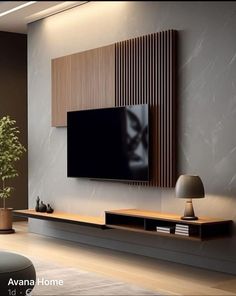 a living room with a large flat screen tv mounted on the side of it's wall