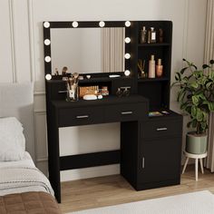 a black vanity with lights on it in a bedroom