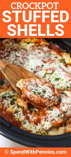 the crockpot stuffed shells are ready to be cooked in the slow cooker