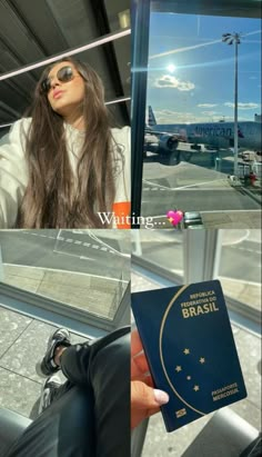 a woman sitting in an airport holding up a passport