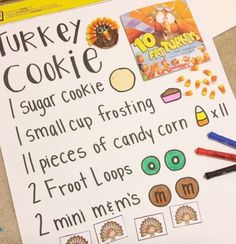 a turkey cookie recipe is shown on top of a white paper with crayons