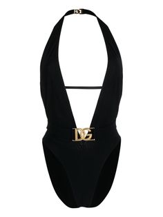 black stretch-design gold-tone logo plaque plunging V-neck halterneck rear clasp fastening low back Be mindful to try on swimwear over your own garments. Birthday Getaway, Body Lace, Plunge Swimsuit, Swimsuit Sale, Beach Wear Outfits, Costume Intero, Black Swimwear, Dr Closet, New Dresses