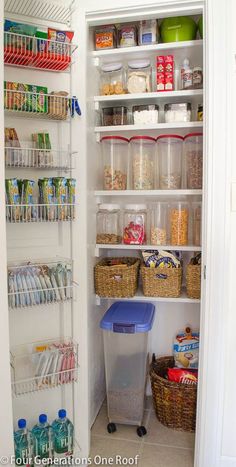 an organized pantry with plastic containers and bins