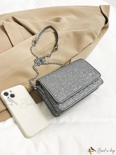 Bird in Bag - Silver Glitter Evening Clutch Bag Chic Rectangular Bag With Glitter, Trendy Evening Bag With Glitter, Trendy Glitter Bags As Gifts, Trendy Glitter Bags For Gifts, Chic Rectangular Glitter Bag, Trendy Metallic Party Bags, Trendy Glitter Evening Bag, Rectangular Glitter Bag For Everyday Use, Rectangular Glitter Bags For Everyday Use