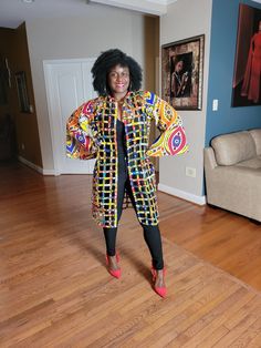 Discover the Ankara Print Net Jacket with Flare Sleeves - Your Perfect Style Statement!  Can be worn on top of a solid dress, shirt, or jumpsuit. Handmade from various strands of individually stitched ankara strands. Regular Size Fits - 6 to 12 Plus Size Fits - 14 to 20 Fitted Outerwear With Kimono Sleeves For Fall, Ankara Cape Top, Net Jacket, Aso Ebi Lace Styles, Aso Ebi Lace, Ankara Jackets, Cape Top, Solid Dress Shirt, Cape Tops