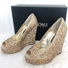 $215 Retail Like New Condition, Only Worn 1 Time. Womens Tony Bowls Shoes Solid Pattern With A Rhinestone And Ab Stone Detail No Stones Are Missing Slip On Color: Gold Size: 7 M Us Style: Daria 5 Inch Wedges Pictures Are Of The Actual Pair You Will Receive. Comes From A Smoke Free And Pet Free Environment. Ultra High Heels Bling Sparkle Glitter Wow Factor Platform Wedge Homecoming Formal Wedding Marc Defang Peep Toe Dress Dressy Pump Party Fancy Wedge High Heels, Bridal Wedding Shoes, Sparkle Wedding, Wedding Shoes Heels, High Heels Shoes, High Heel Wedges, Platform Sandals Heels, Wedding Heels, Platform Wedge