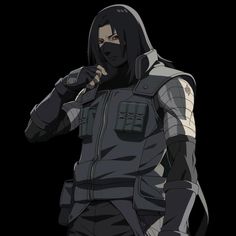 an anime character with black hair and a hoodie standing in front of a dark background