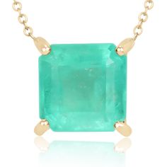 Featured here is a 4.0-carat stunning, Colombian emerald necklace in fine 14K yellow gold. Displayed in the center is a bluish-green emerald with very good clarity, minor flaws are visible to the eye as no emerald is perfect. Accented by a simple four-prong gold mount, allowing for the emerald to be shown in full view. The earth-mined, green Colombian emerald has a desirable lush green color with excellent qualities. An 18 inch is attached to the emerald pendant. This necklace is ideal for everyday use and is the perfect accessory to any outfit.  Total Carat Weight: 4.0cts Setting Style: Four Prong Setting Material: 14K Yellow OR White Gold  Main Stone: Colombian Emerald Shape: Asscher Cut Approx Weight: 4.0 cts Clarity: Semi-Transparent Saturation: Medium Color: Rich Bright Green Luster: Fine Jewelry Yellow Gold Emerald Necklace With Diamond Cut, Gia Certified Yellow Gold Necklace For Formal Occasions, Yellow Gold Emerald Necklace With Prong Setting, Formal Yellow Gold Gia Certified Necklace, Exquisite Emerald Necklace With Prong Setting, Gia Certified Green Necklace For Formal Occasions, Luxury Yellow Gold Emerald Necklace With Prong Setting, Fine Jewelry Emerald Necklace With Prong Setting, Luxury Emerald Necklace With Prong Setting