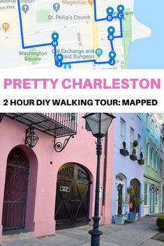 a map with the words pretty charleston on it and a street light in front of some buildings