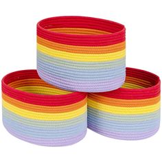 three multicolored baskets stacked on top of each other