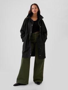 Smooth nylon parka jacket.  Mockneck or hooded.  Hood rolls into zipper at neck.  Long sleeves.  Hidden zipper under snap button flap.  Bungee elasticized waist.  Slant pockets.  * Fit: Over Long Raincoat, Jumper Short, Mask Art, London Trip, Drawing Stuff, Clay Mask, Gap Jacket, Gap Jackets, Denim Coat Jacket