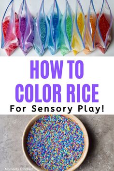 how to color rice for sensory play with colorful sprinkles in the bowl