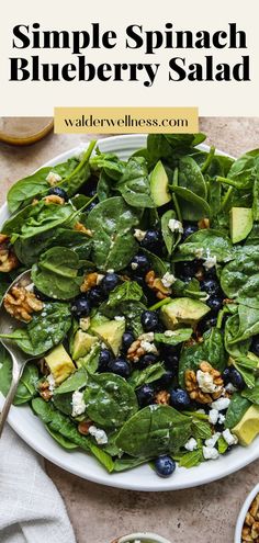 Spinach blueberry salad tossed together on a plate. Blueberry Salad Recipes, Blueberry Spinach Salad, Walder Wellness, Simple Balsamic Vinaigrette, Blueberry Goat Cheese, Dressing Simple, Blueberry Salad, Balsamic Vinaigrette Dressing, Spinach Salad Recipes