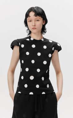 The shoulder pad design increases the shoulder line and makes it more modern. The polka dot print is casual and more youthful. The cotton material is naturally absorbent and feels soft against the skin. Fabric: 100% Cotton (Except Rib) Peter Pan Collar Top, Padded Shorts, Pretty Blouses, Pad Design, Polka Dot Print, Dot Print, Print T Shirts, Black Denim, Shoulder Pads