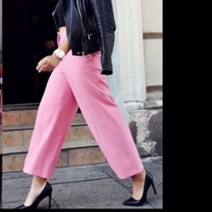 Zara Pink Cropped Pant. Brand New. Front Zipper Closure. Chic Summer Pantsuit With Trousers, Elegant Bottoms For Going Out In Spring, Spring Wide Leg Stretch Pants For Day Out, Trendy High Waist Pantsuit For Spring, Chic Pants For Spring Going Out, Spring Stretch Wide Leg Pants For Day Out, Chic Spring Bottoms For Going Out, Chic Stretch Summer Pantsuit, Casual High-waisted Spring Pantsuit