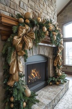 a fireplace decorated for christmas with gold ornaments