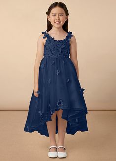 Your flower girl will look pretty like a princess in Ceres, our floral tulle Ball-Gown dress. She features a lace bodice and straps adorned with 3D flowers, a frilly tulle high-low skirt, and a beautiful matte satin bow at the back. Dark Blue Flower Girl Dress, Navy Blue Flower Girl Dresses, Navy Chiffon Dress, Blue Flower Girl Dress, Navy Flower Girl, Navy Blue Girls Dress, Flower Girl Dresses Navy, Cute Blue Dresses, Navy Blue Gown