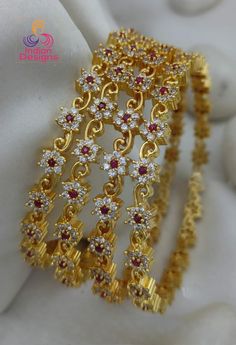 Gold Plated AD Bangles set with Ruby and white Stones| Flower design statement bangles - Set of 4PCS| Indian Jewelry Bracelet| Gift for her Statement Bangles, Ad Bangles, Designer Bangles, Ruby Bangles, Gold Jewellry, American Diamond Necklaces, Bangles Set, Gold Plated Bangles, White Stones