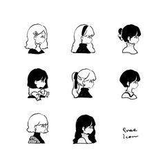 six black and white silhouettes of people with different hair styles, from the side to the