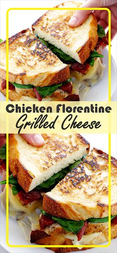 the chicken florentino grilled cheese sandwich is cut in half and stacked on top of each other