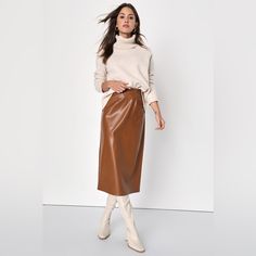 Whether Your Entering The Conference Room Or Happy Hour, Everyone Will Love You In The Lulus Bold Sophistication Brown Vegan Leather High-Rise Midi Skirt! Slightly Stretchy Vegan Leather Falls From A High Waist Into A Figure-Skimming Silhouette That Ends At A Chic Midi Hem. A Classy Kick Pleat Detail At Back Completes The Look! Hidden Back Zipper/Clasp. Unlined. 55% Polyester, 45% Polyurethane. Iron On Low Heat. Waist Is 13 Inches Across. New With Tags. Brown Leather Skirt Outfit, Bridal Shower Guest Outfit, Vegan Leather Midi Skirt, Red Leather Skirt, Brown Leather Skirt, Gap Outfits, Suede Pencil Skirt, Leather Skirt Outfit, Pink Midi Skirt