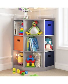 a book shelf with toys and books in it