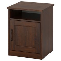 a wooden cabinet with an open door on one side and a drawer on the other