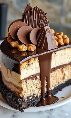 a piece of cake with chocolate and nuts on top