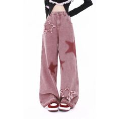 Pink Star Retro Jeans - Lovesickdoe - Pink / S Jean Rose, Jeans Rosa, Y2k Winter, American Street, Denim Decor, Retro Jeans, Streetwear Jeans, Middle Age Fashion, Winter Pants